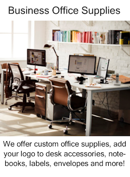 custom office supplies, logo desk accessories, notebooks, labels, envelopes